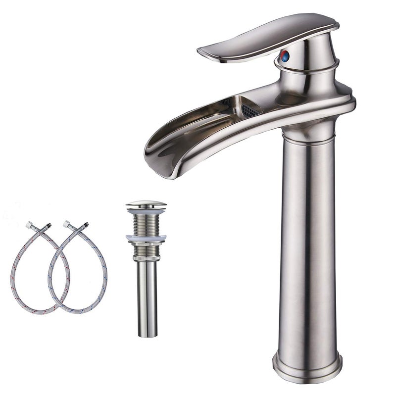 GGStudy Bathroom Faucet Brushed Nickel Waterfall Single Handle One Hole Tally Body Farmhouse Bathroom Vessel Sink Faucet Matching with Pop Up Drain - Image 1